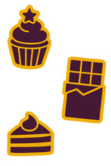Vector set featuring a chocolate bar and a cupcake in warm yellow and brown tones, highlighting sweet dessert elements in a playful style.