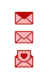 Flat-style red envelope icons with heart motifs, symbolizing love messages, romance, and digital communication.