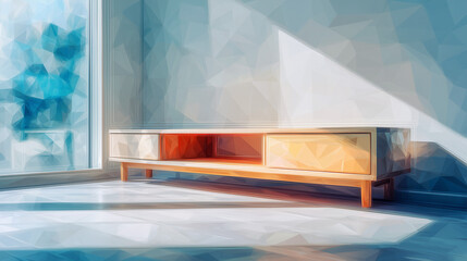 木製テレビボードの直線美を際立たせた水彩ポリゴン