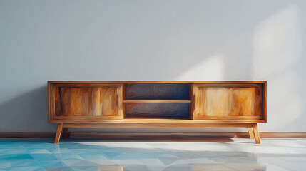 木製テレビボードの直線美を際立たせた水彩ポリゴン