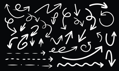 Hand-Drawn Arrows Set with Curved, Straight, and Dashed Lines on Black Background
