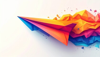Vibrant polygonal paper airplane morphing into an explosion of geometric fragments on a clean background, symbolizing progress and innovation.