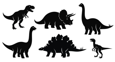 Simple black dinosaur silhouettes in a flat 2D vector style, featuring various prehistoric creatures isolated clearly against a clean white background. © Rahmanart
