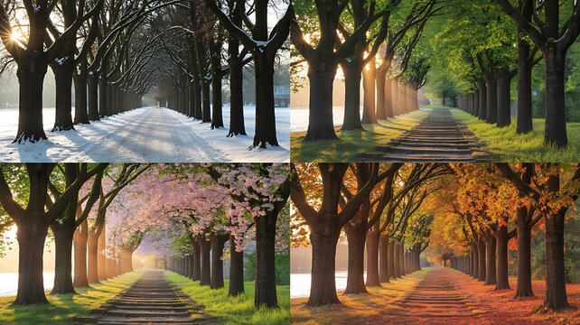 Scenic tree road in four seasons including winter spring summer and fall  
