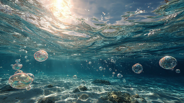 Underwater view with bubbles rising towards the sun