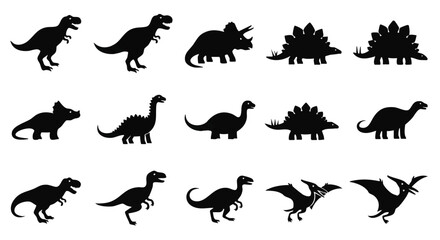 Dinosaur silhouettes vector illustration featuring a diverse collection of simple prehistoric animal figures rendered in stark black flat 2D graphic style on a clean white background.