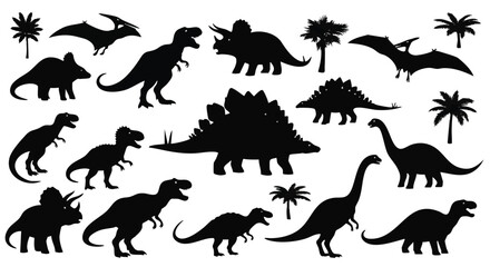 Black dinosaur silhouettes bundle, featuring a collection of prehistoric wildlife figures in 2D flat vector illustration style, ideal for educational graphics isolated on white. © Rahmanart