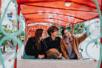 Three young friends ride in a red canopy tram through the city, smiling and taking a selfie as they enjoy travel and friendly moments.