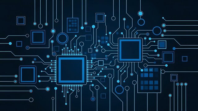 Abstract Blue Digital Circuit Board Background with Central Microchip Processor and Wiring