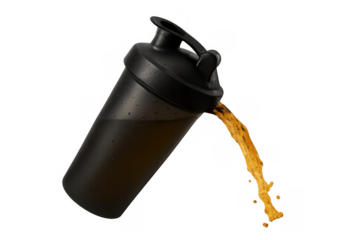 Shaker bottle pouring fitness drink, splash of protein shake, beverage for workout and healthy lifestyle on transparent background