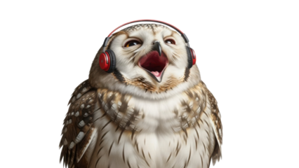 Hilarious Funny Owl with Red Headphones Expressing Extreme Joy and Singing isolated PNG with Transparent Background