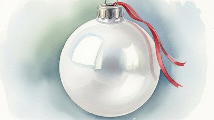 Gl&auml;nzende wei&szlig;e Weihnachtskugel vor zarten Aquarellfarben mit sanfter winterlicher Stimmung Generative KI