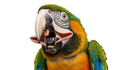 Headshot of Blue-and-yellow Macaw (Ararauna) Parrot Yelling and Squawking with Beak Wide Open isolated PNG with Transparent Background