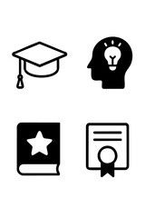Simple black education and idea icons, featuring a graduation cap, head with a bulb, and symbols representing knowledge, learning, and creativity.