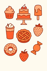 Cute bakery and dessert set featuring cake, donut, pie, and fruit in warm tones, perfect for food illustrations, menus, and sweet-themed designs.