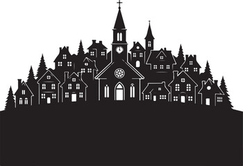 Obraz premium Black and white silhouette of a church with a clock tower and surrounding houses and trees
