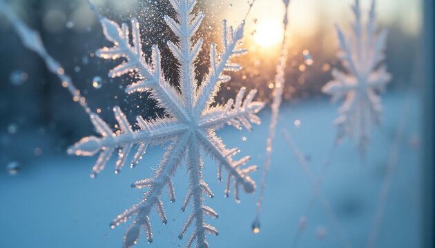 Macro frost crystals glowing under morning sunlight, Generate Ai