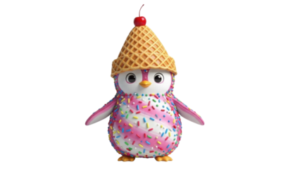 Cute 3D Rendered Penguin Character Wearing Ice Cream Cone Hat and Colorful Sprinkles isolated PNG with Transparent Background