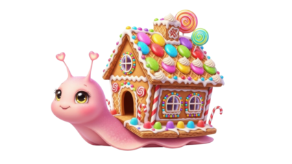 Cute Pink Snail Character Carrying Gingerbread House Decorated with Colorful Candy Illustration isolated PNG with Transparent Background