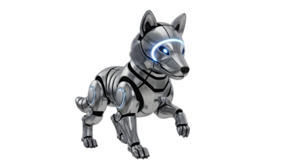 A high-tech silver robotic canine with striking blue glowing accents