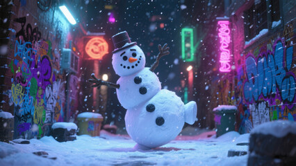 Joyful snowman in a snow-covered graffiti-lined alley with neon lights.