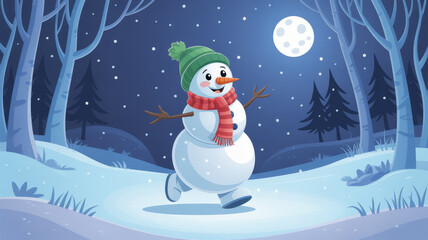 Joyful snowman wearing a hat and scarf skates under a full moon in a snowy forest.