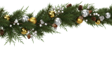 lush, detailed hyper-realistic christmas garland featuring cedar, pine, metallic baubles, and white berries, studio product photography on a white background with copy space. concept for high-end