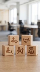 Business Wooden Cubes with Management, Partnership, Recruitment, Growth and Team Communication Icons. Visual Concept of Leadership Development and Strategic Human Resources Planning. Vertical bg