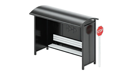 Modern Bus Stop with Stop Sign on White Background