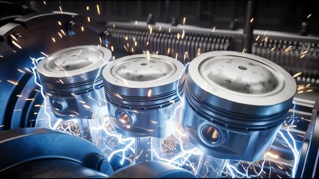 Engine pistons animated illustration with electric current and spark effects