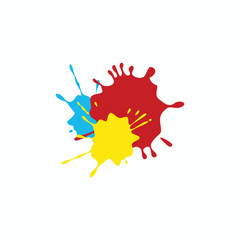 Three overlapping paint splashes in primary colors: red, yellow, and blue. Abstract vector set of colorful paint blobs, splatters, and ink drops for art and design projects