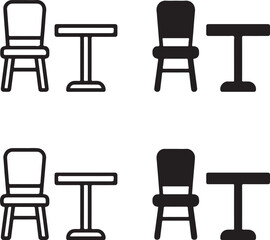 Isolated home furniture icon, modern home furniture set for interior design spaces, stylish home furniture chair table symbol with clean minimal black outline for decor branding use