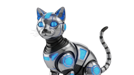 Futuristic Metallic Robot Cat Cyborg with Bright Blue Light Accents isolated PNG with Transparent Background