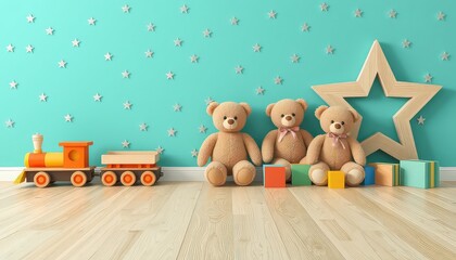 A whimsical playroom scene with teddy bears, a toy train, and building blocks, perfect for early childhood development promotions and children's event decorations.