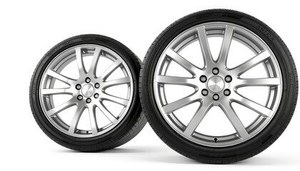 Fototapeta premium Two polished alloy car wheels with black tires, perfect for automotive presentations, trade shows, or advertising campaigns.