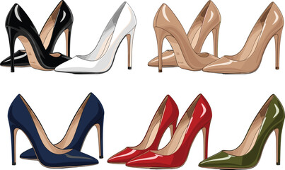 High heel shoes color set, luxury women stiletto pumps collection, fashion footwear stylish design, cad drawing flat vector illustration