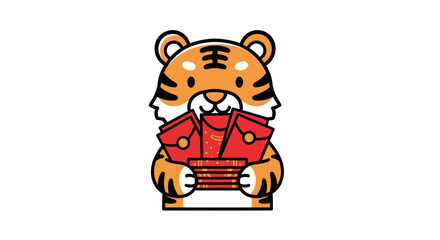 Cute cartoon Tiger mascot character holding lots of red envelopes or Angpao containing money