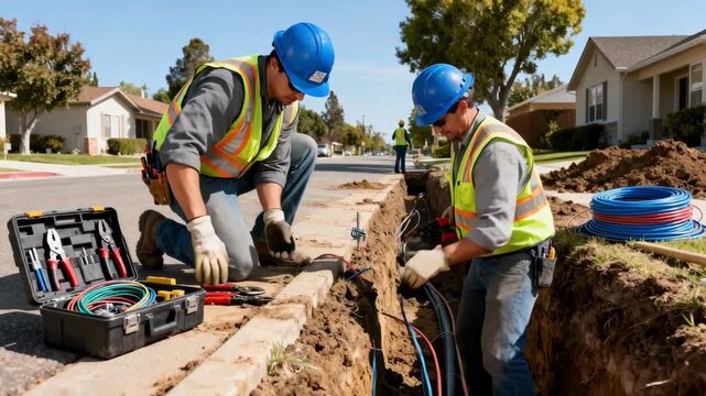 Residential neighborhood scene showing crew members replacing buried electrical cables with safety gear and cable splicing tools.