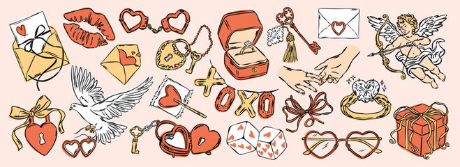 Whimsical hand drawn romantic love and wedding illustration collection.
