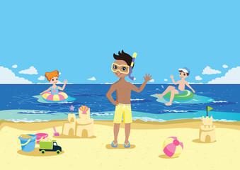 A group of children relaxing on the beach, having fun, and swimming in the sea. Summer vacation by the sea. Vector illustration.