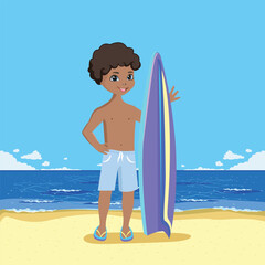 A cheerful dark-skinned boy with a surfboard stands on the beach by the sea. Summer vacation by the sea. Vector illustration.