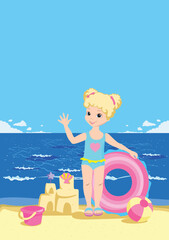 A happy little girl with an inflatable ring stands on the beach by the sea. Summer vacation by the sea. Vector illustration.