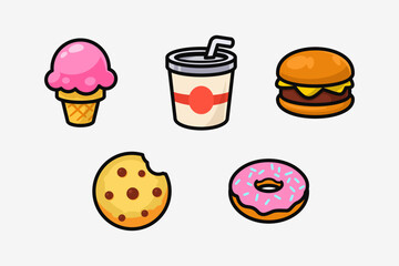 Cartoon Fast Food and Dessert Icons Collection