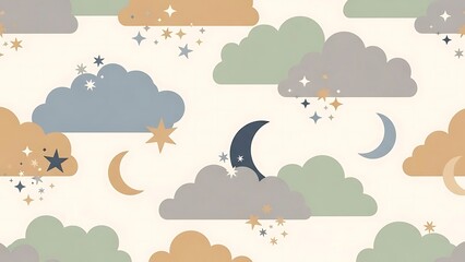 Seamless Pattern of Pastel Clouds, Moons, and Stars in a Charming Cottagecore Style
