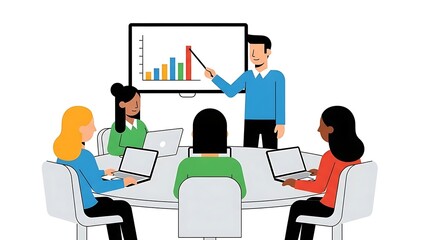 Business Professional Presenting Growth Chart to Diverse Team in Modern Meeting Room