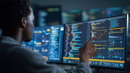 Programmer tuning relevance factors in a search algorithm using code snippets surrounded by graphs and performance data on digital displays.