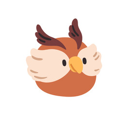 Fototapeta premium Cute owl face avatar. Smiling owlet character, wise and friendly expression. Funny wild forest birdie, animal, head portrait in kawaii style. Flat vector illustration isolated on white background.