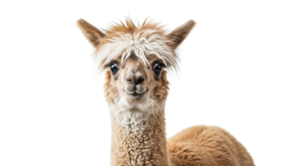 Close-up Headshot of Cute Young Light Brown Alpaca isolated PNG with Transparent Background