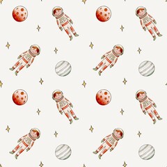 Seamless Space Pattern with Cute Astronauts and Planets &ndash; Hand Drawn Cosmic Design