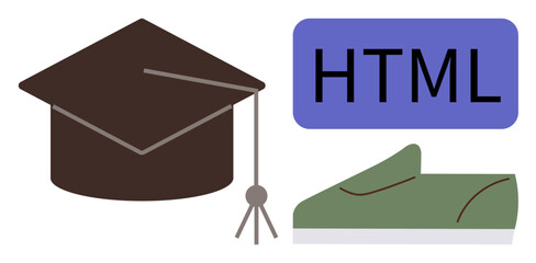 Graduation cap, HTML tag, and green sneaker signify education, web development, and progression. Ideal for learning, coding, education, achievement skill-building career growth and digital steps